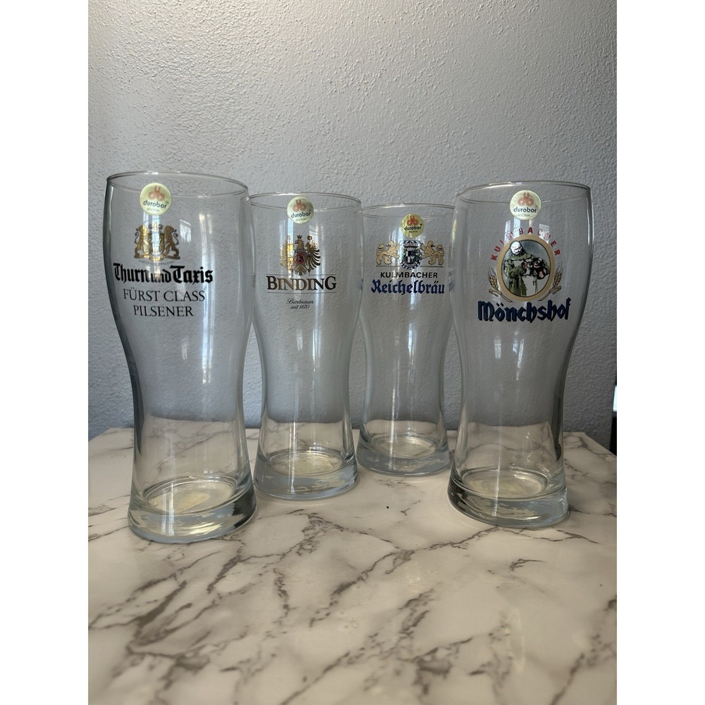 4 Vintage German Beer Pilsner Pint Glasses. 8" Tall. Durobor Belgium.